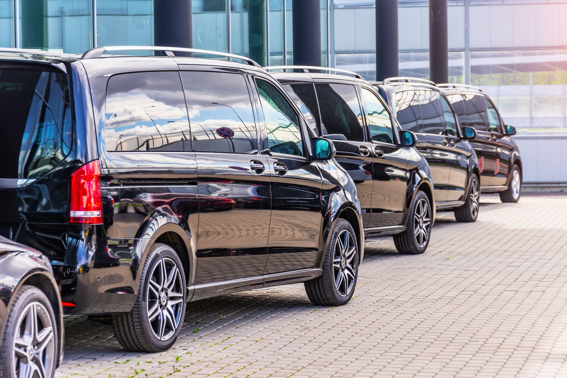 Black Mercedes-Benz V class, back side view row minivan in a parking lot. Russia, Saint-Petersburg. 13 may 2020.